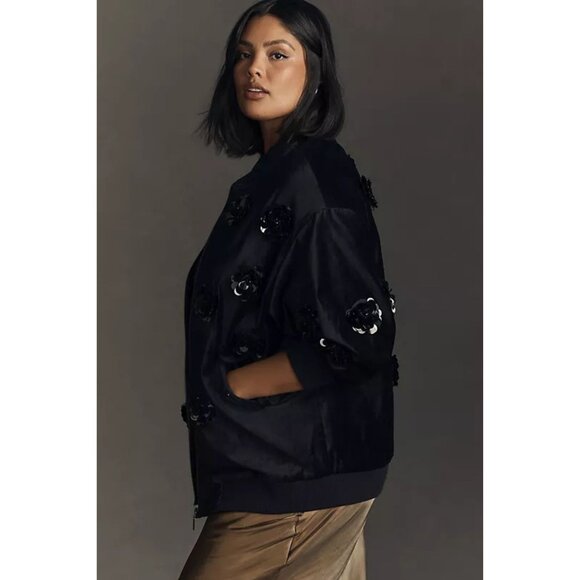 Anthropologie Velvet Floral Embroidered Bomber Jacket Black by Eva Franco - Picture 1 of 4